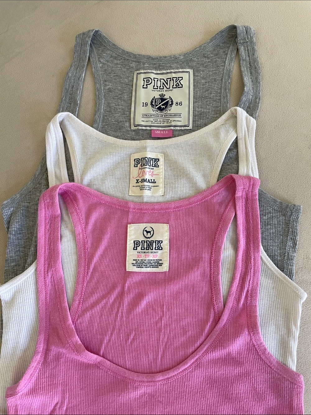 PINK Victoria's Secret Ribbed Racerback Tank Trio - Pink, White, Gray